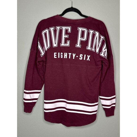 Victoria's Secret PINK Women's XS LS Crewneck Maroon White Logo Pullover Sweatsh - Picture 1 of 6